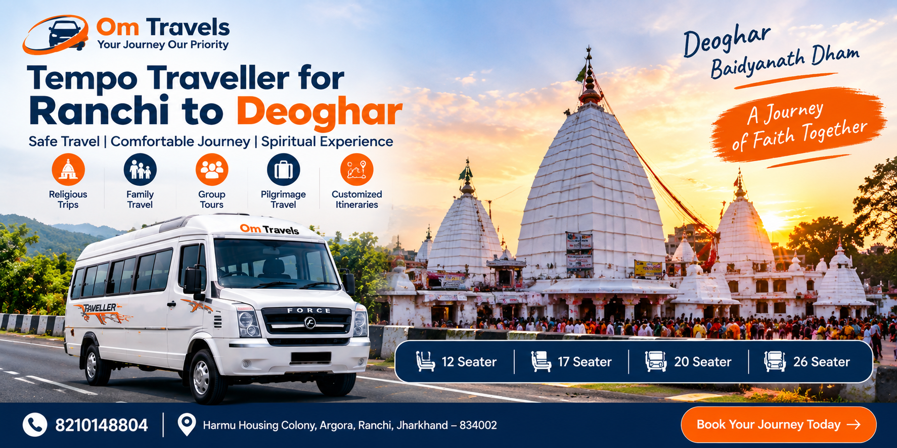 Tempo Traveller for Ranchi to Deoghar for Family and Group Travel